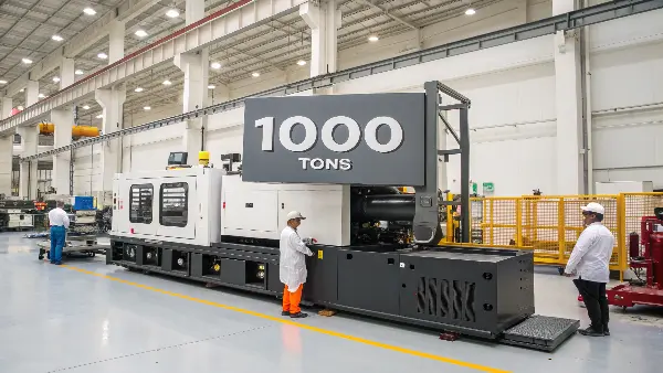A large 1000-ton injection molding machine being installed in a factory.