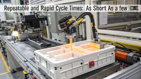 A robotic arm quickly removing a finished part from an injection molding machine.