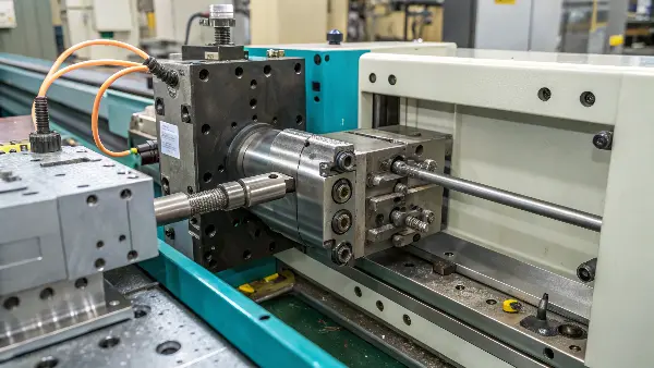 Injection Molding Clamping Unit Close-up of a clamping unit on an injection molding machine