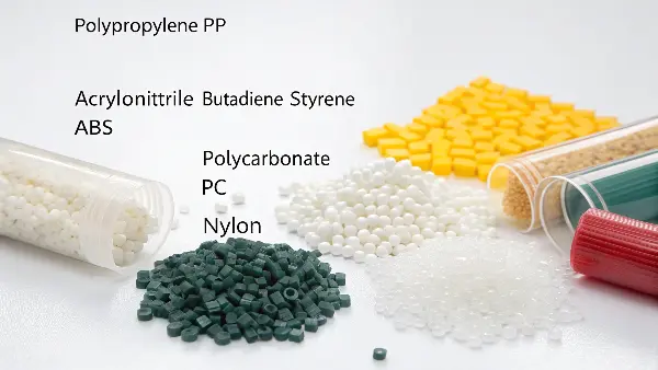 Display of various plastic pellets in different colors and materials