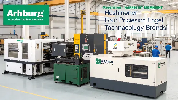 An engineer reviewing technical specifications on a tablet in front of an injection molding machine.