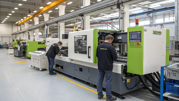 A row of modern injection molding machines in a clean factory setting.