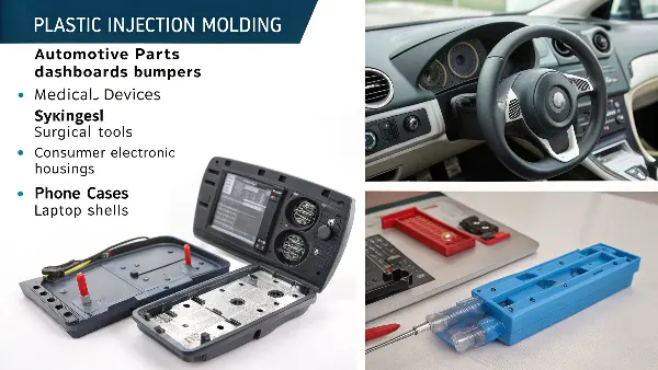 A collage of products from different industries: a car part, a medical device, and a consumer electronic