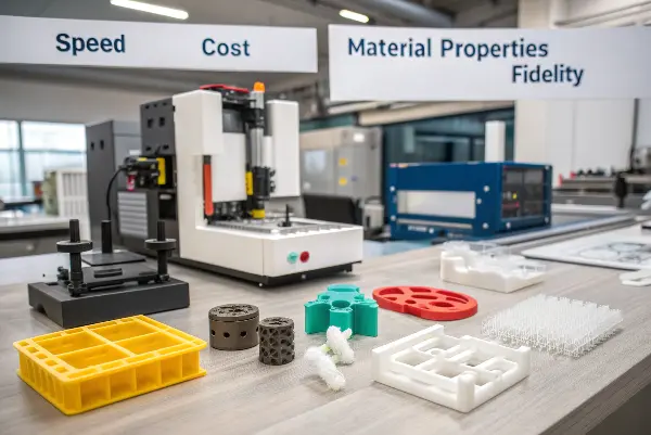A collection of different plastic prototypes on a workbench