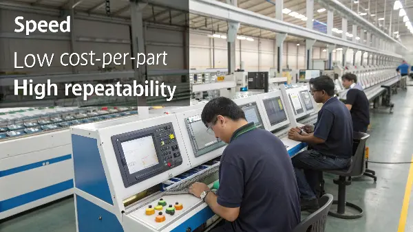 A busy injection molding factory floor with multiple machines running.