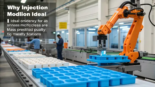 An assembly line showing plastic parts being produced by an injection molding machine.