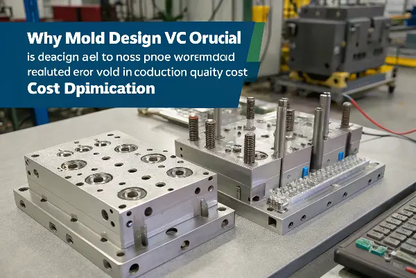 A cross-section view of an injection mold, highlighting the cooling channels, gates, and runner system.