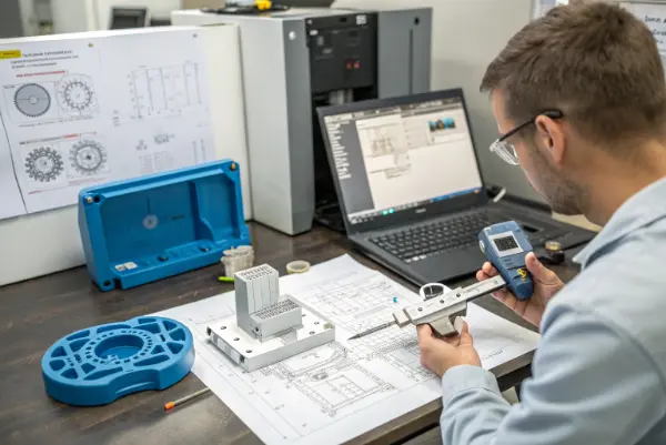 A well-designed injection molded part next to a CAD drawing