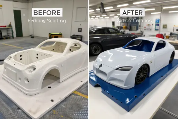A collection of plastic prototypes with various surface finishes, from matte to high gloss.