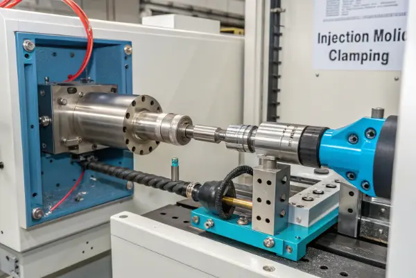 Diagram of an injection molding machine with the injection and clamping units labeled