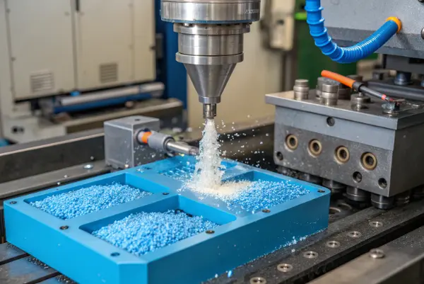 An injection molding machine in a factory setting, producing plastic parts.