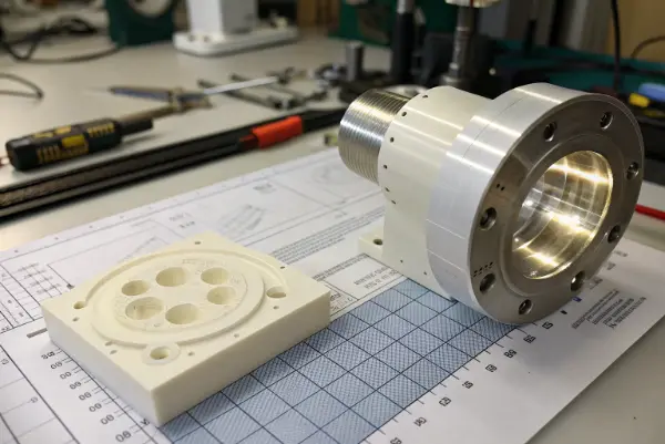 A precise plastic part being milled on a CNC machine.