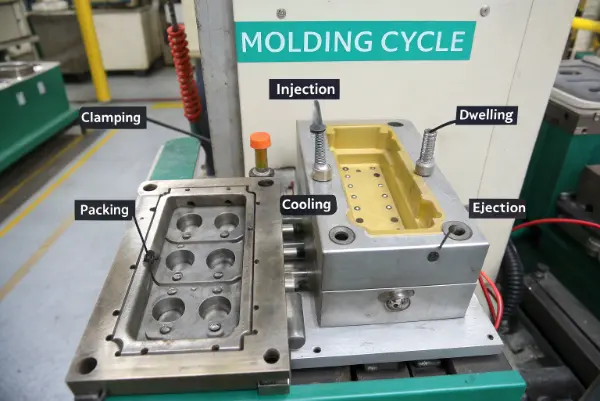 The 5 Steps of Injection Molding An infographic illustrating the five steps of the injection molding process.
