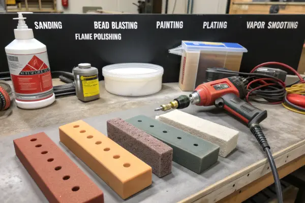 A workbench displaying tools for various finishing techniques: sandpaper, a spray gun, a bead blaster, and a vapor smoothing chamber.