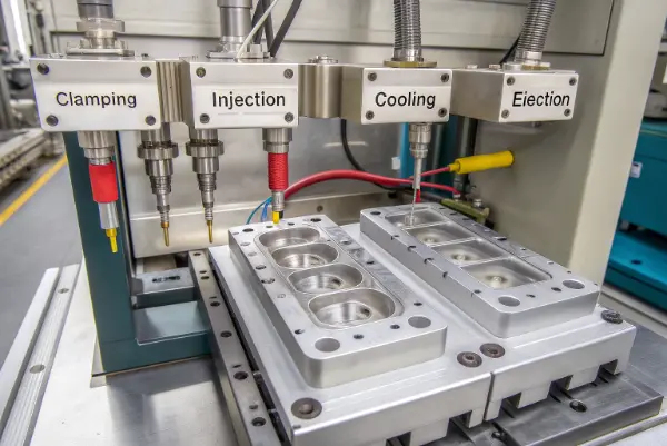 An infographic showing the four stages of the injection molding cycle: clamping, injection, cooling, and ejection.