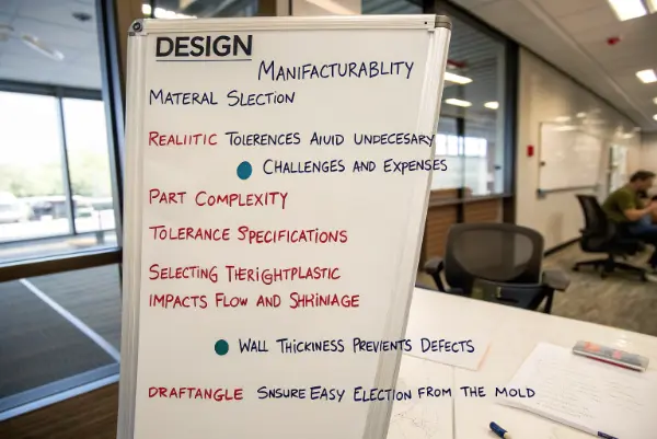 An infographic showing icons for material, wall thickness, draft, complexity, and tolerance