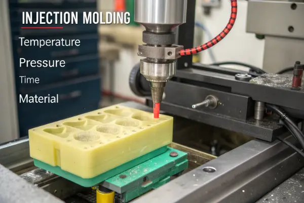 Basic Principle of Injection Molding Diagram showing the principle of heat, pressure, and cooling