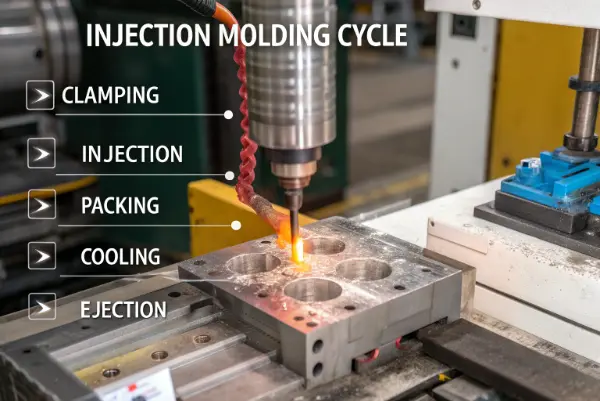 A stopwatch overlaid on an injection molding machine