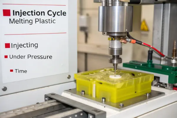 A close-up view of the nozzle and screw of an injection molding machine