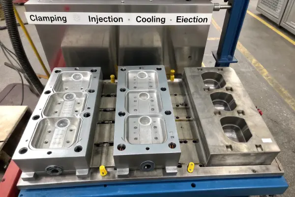A four-part infographic illustrating the steps of the injection molding cycle: clamping, injection, cooling, ejection.