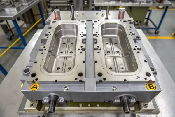 An exploded view of a simple injection mold showing the A and B sides, cavity, core, and ejector pins