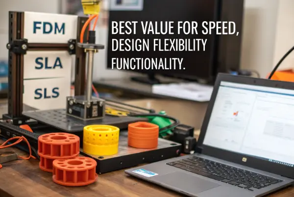 Side-by-side comparison of FDM, SLA, and SLS 3D printed parts.
