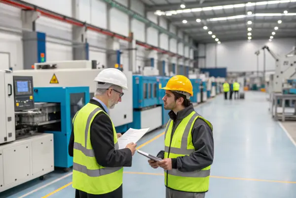 Man shaking hands with a factory manager in front of injection molding machines