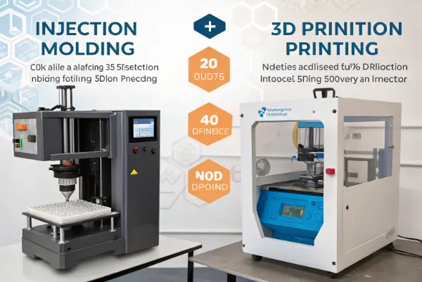 3D printer next to injection molded parts