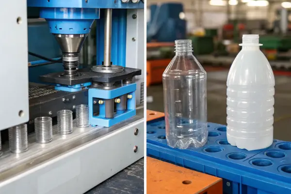 Plastic bottles next to plastic caps