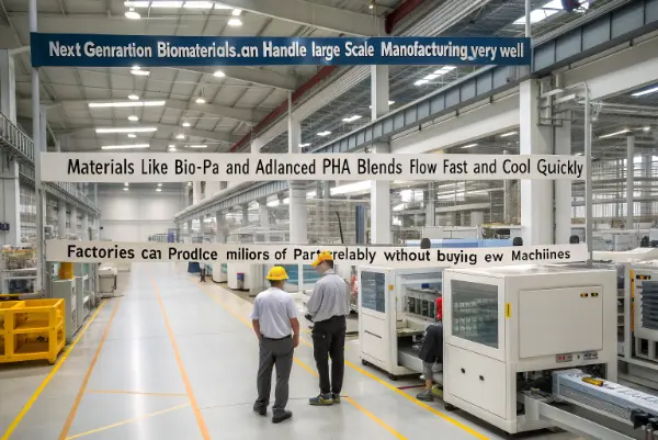 Mass production with bio-plastics large scale biomaterial injection molding